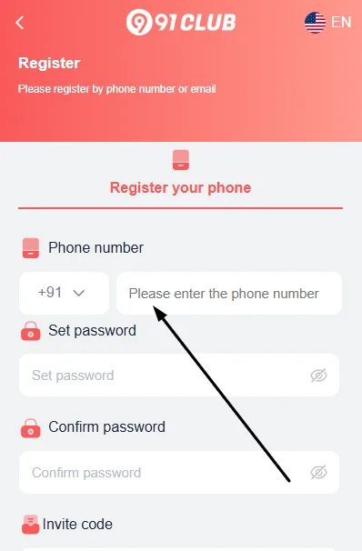Enter your mobile number for 91 club